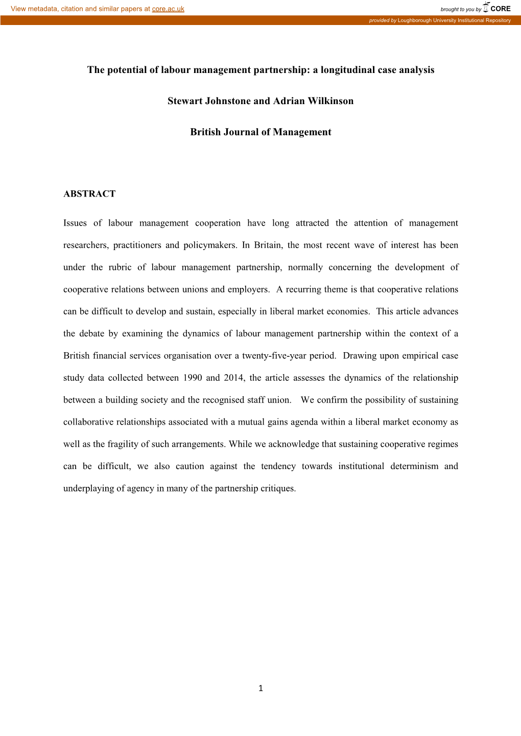 The Potential of Labour Management Partnership: a Longitudinal Case Analysis