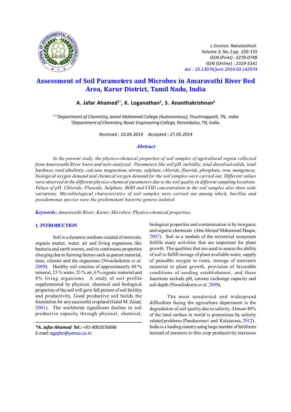 Assessment of Soil Parameters and Microbes in Amaravathi River Bed Area, Karur District, Tamil Nadu, India