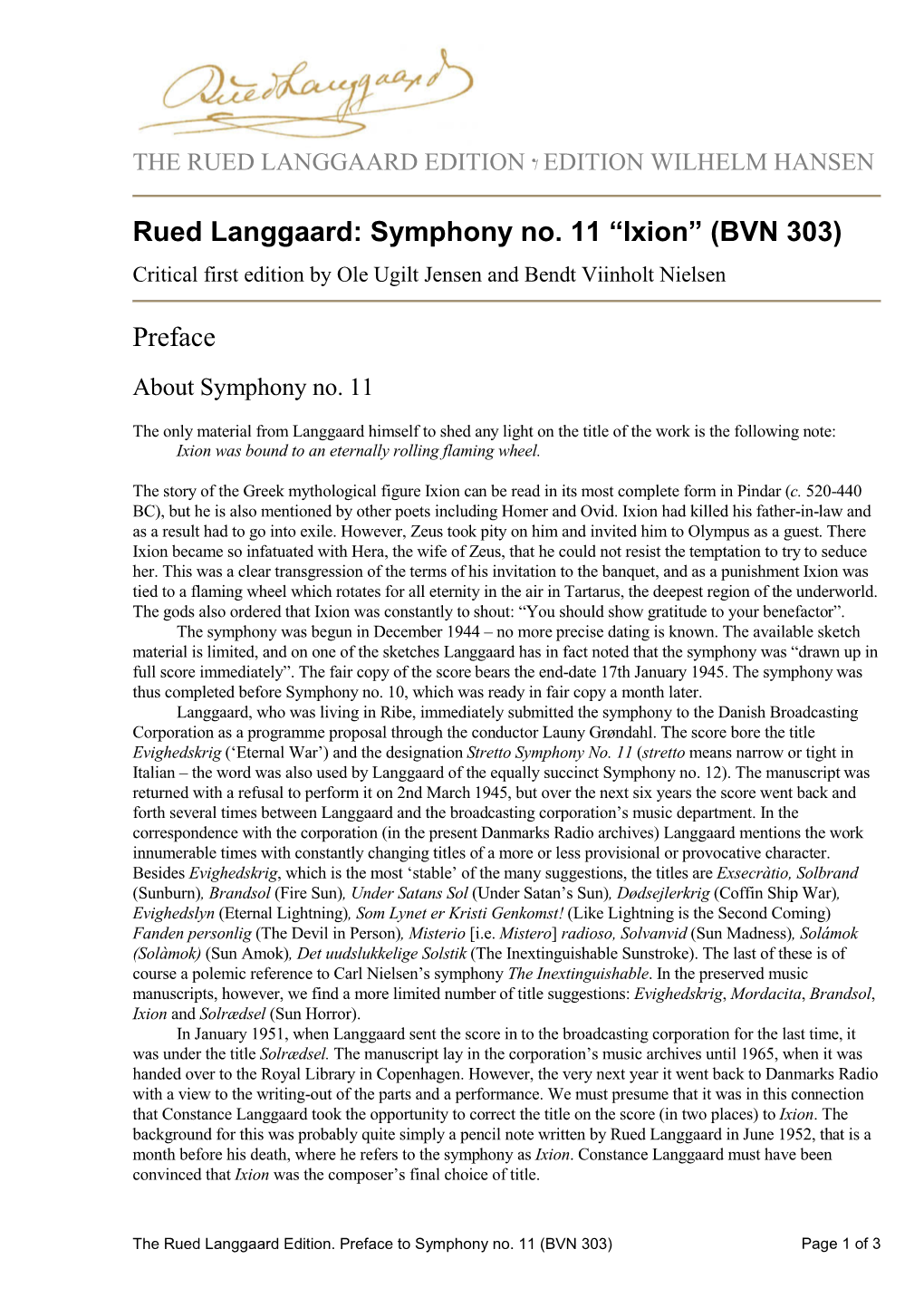 Symphony No. 11 “Ixion” (BVN 303) Preface