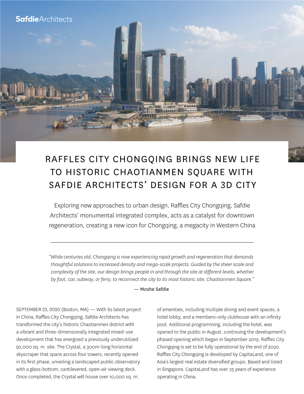 Raffles City Chongqing Brings New Life to Historic Chaotianmen Square with Safdie Architects’ Design for a 3D City