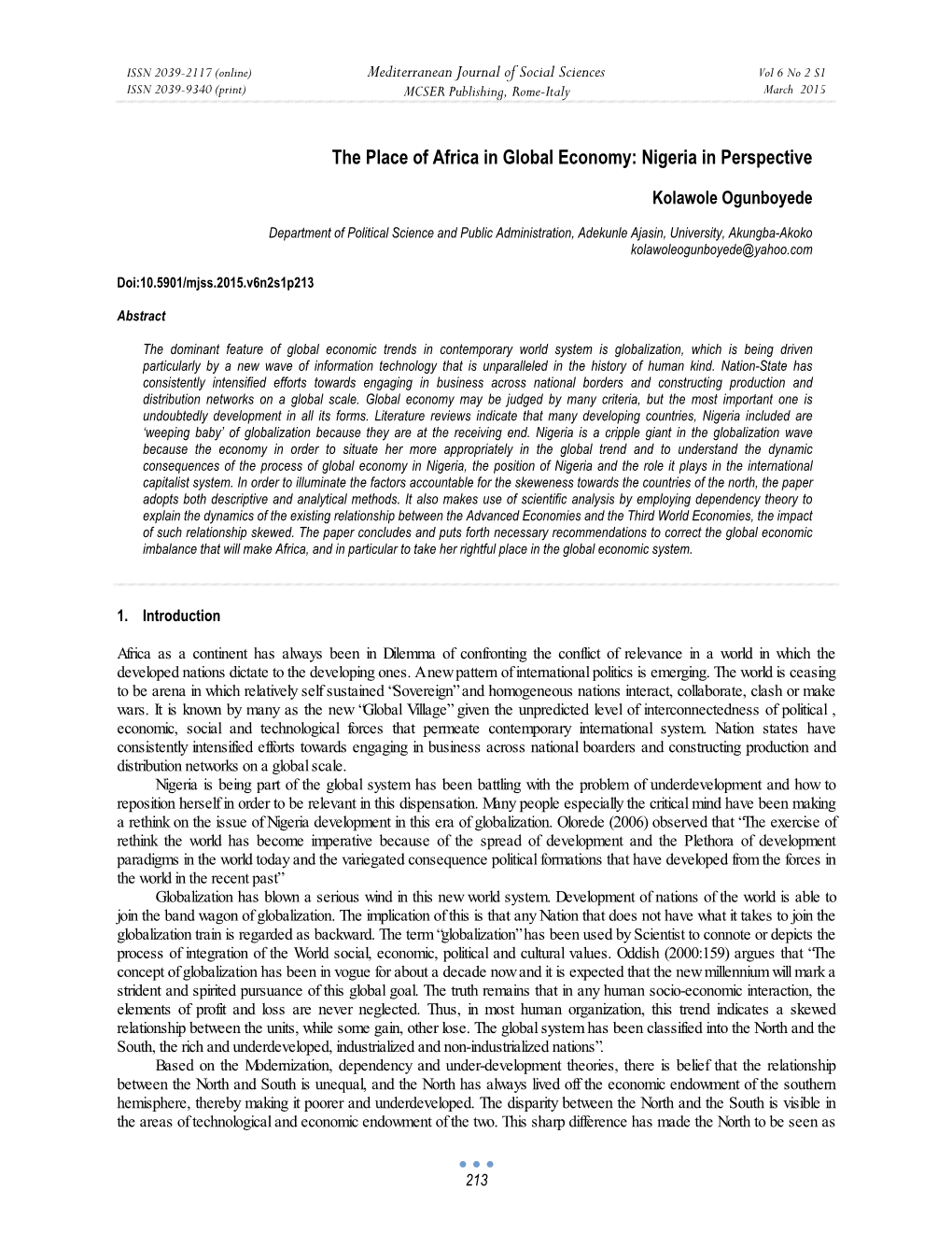 The Place of Africa in Global Economy: Nigeria in Perspective