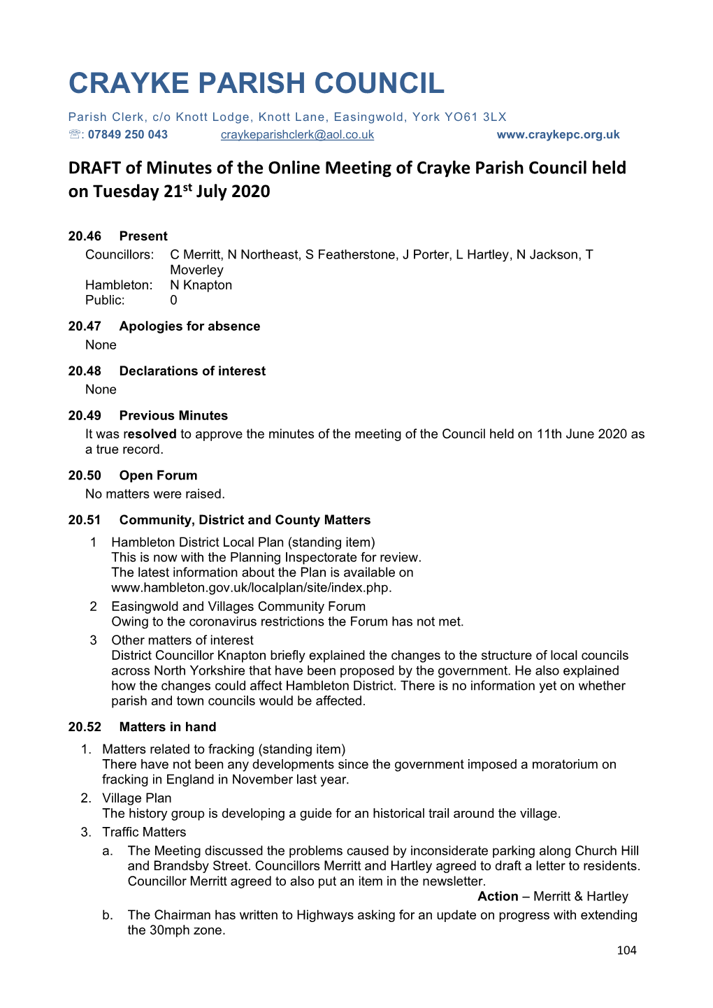 Minutes of the Meeting on 21St July 2020