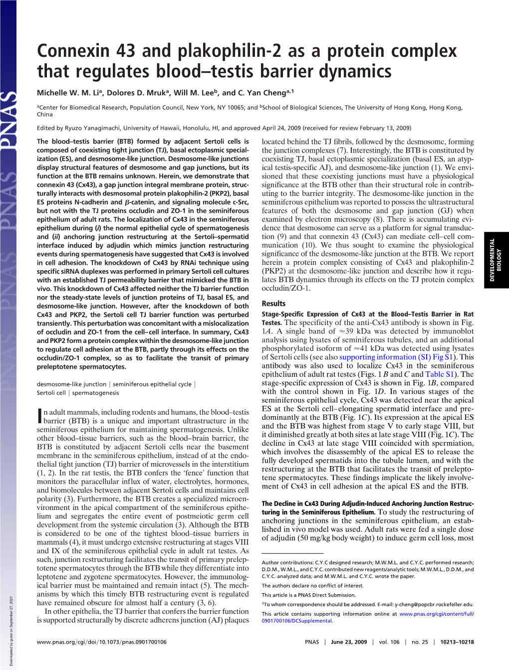 Connexin 43 and Plakophilin-2 As a Protein Complex That Regulates Blood–Testis Barrier Dynamics