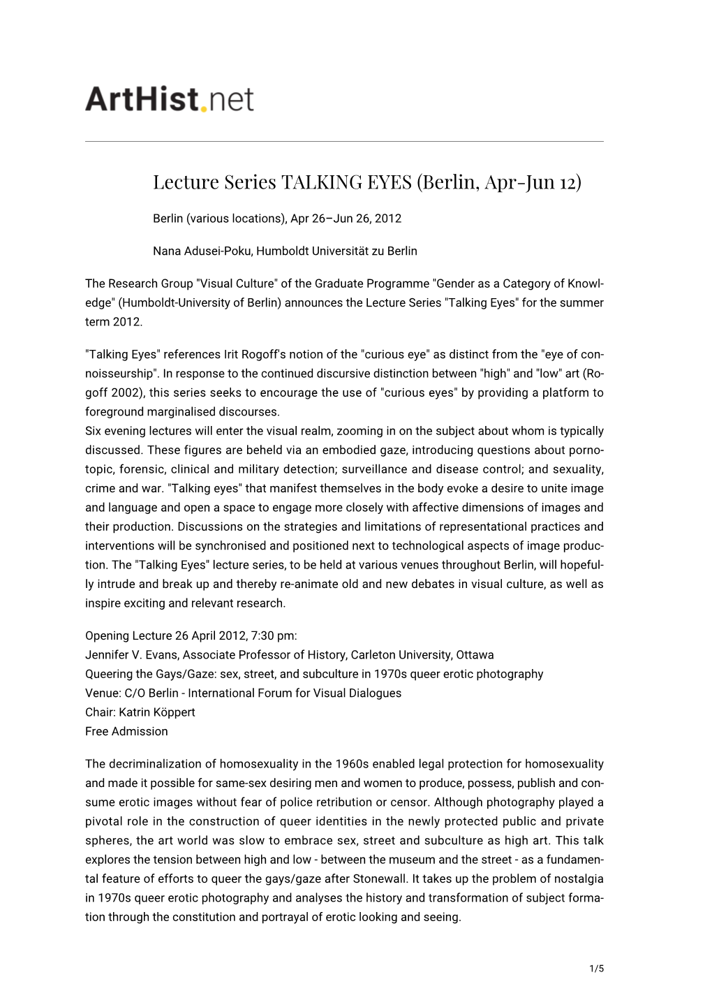 Lecture Series TALKING EYES (Berlin, Apr-Jun 12)