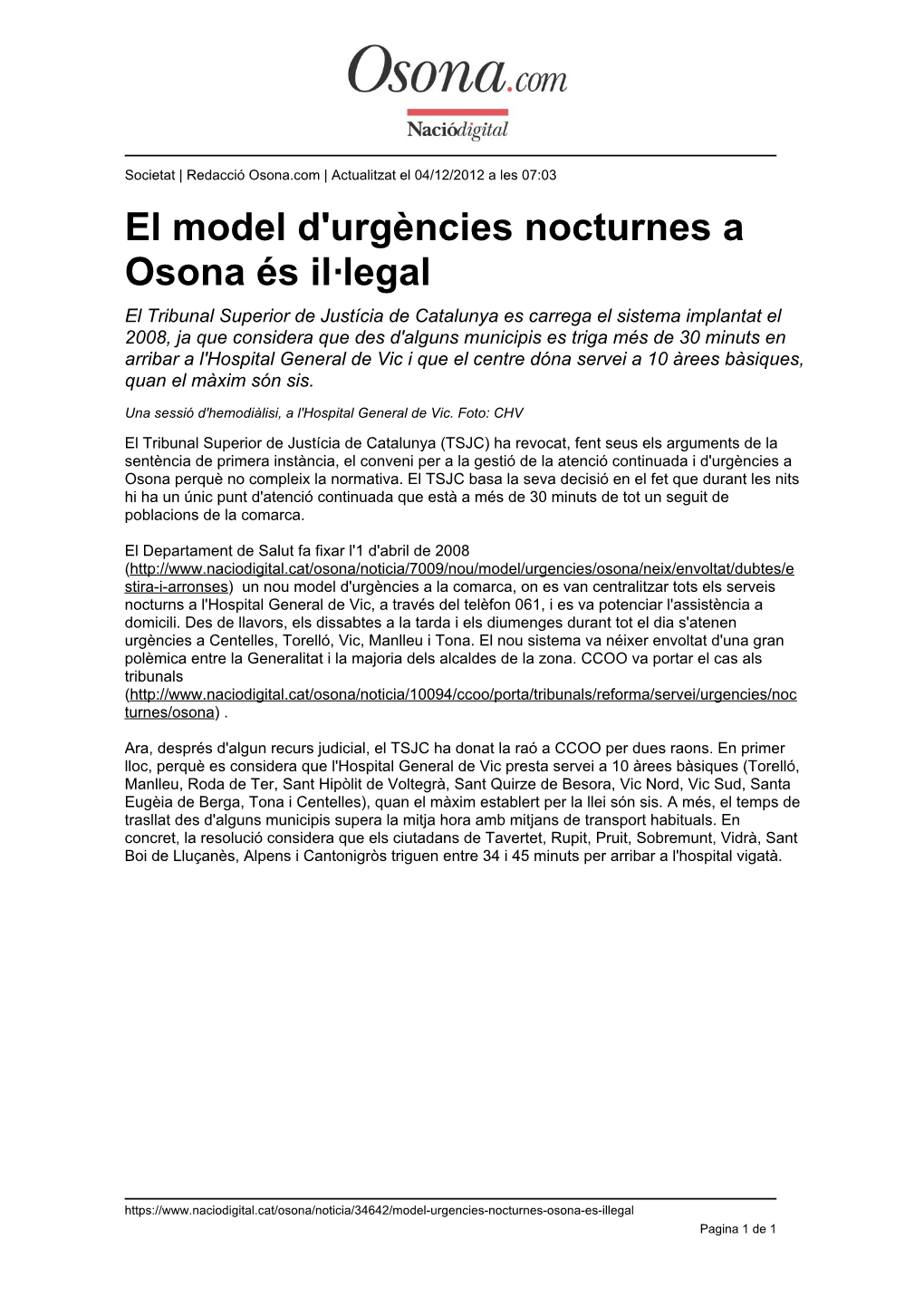 El Model D'urgències Nocturnes a Osona És Il·Legal