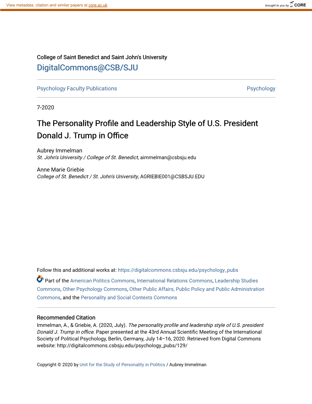 The Personality Profile and Leadership Style of U.S. President Donald J