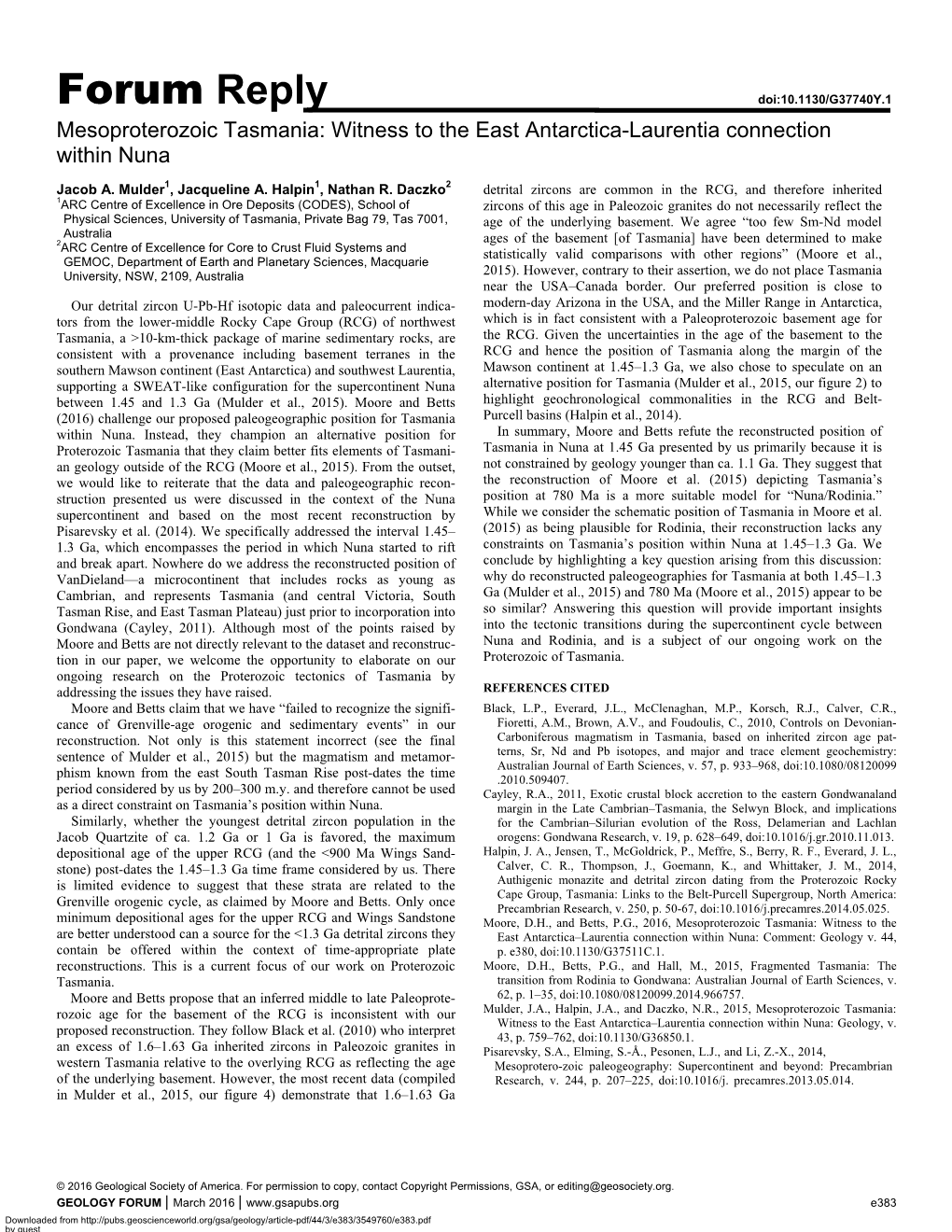 Forum Reply Doi:10.1130/G37740Y.1 Mesoproterozoic Tasmania: Witness to the East Antarctica-Laurentia Connection Within Nuna