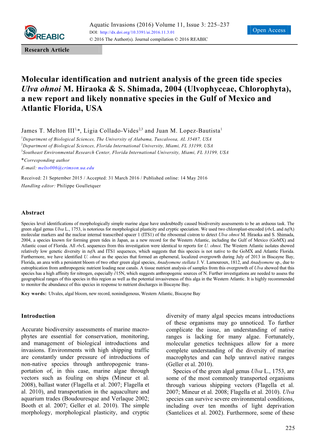 Molecular Identification and Nutrient Analysis of the Green Tide Species Ulva Ohnoi M