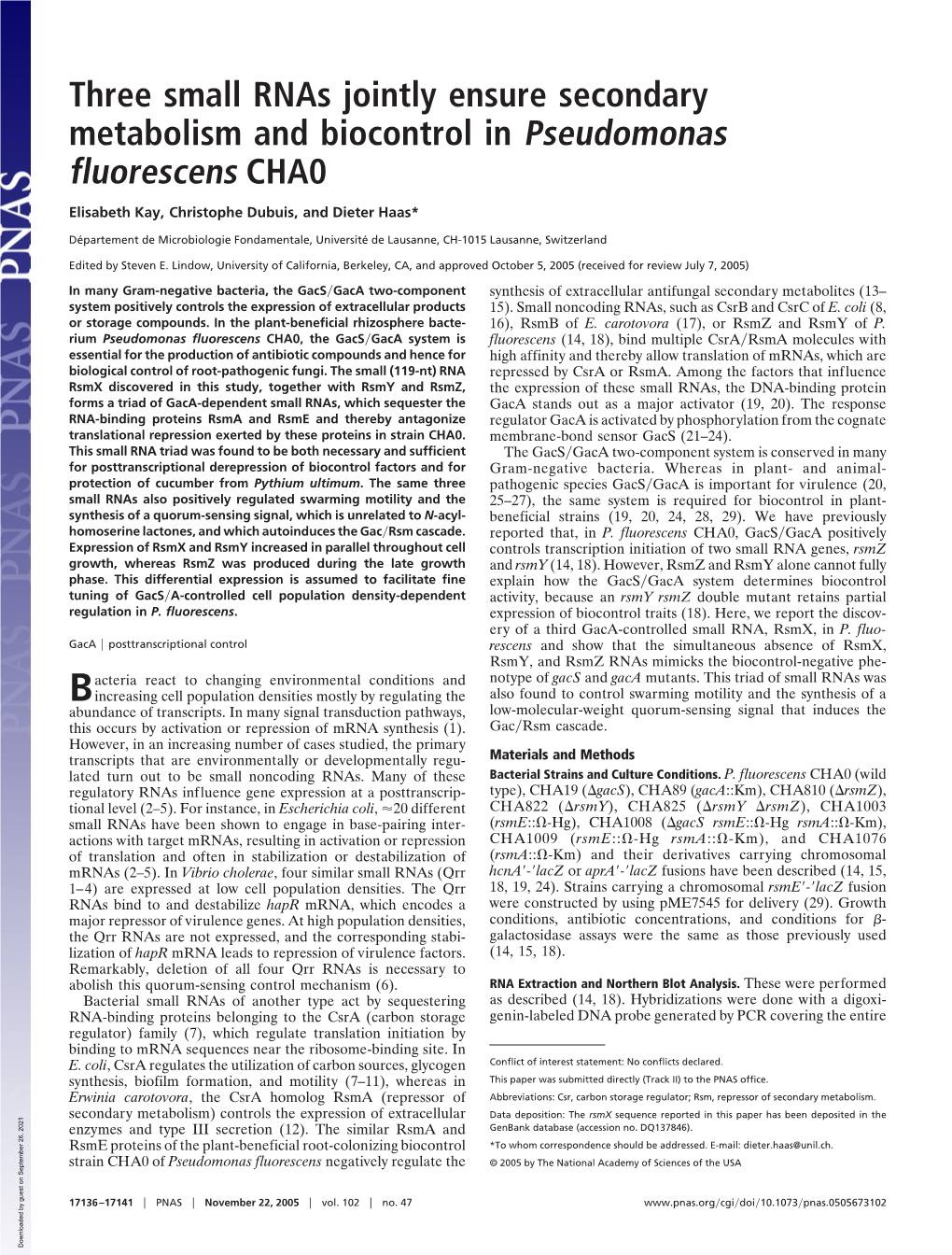 Three Small Rnas Jointly Ensure Secondary Metabolism and Biocontrol in Pseudomonas Fluorescens CHA0