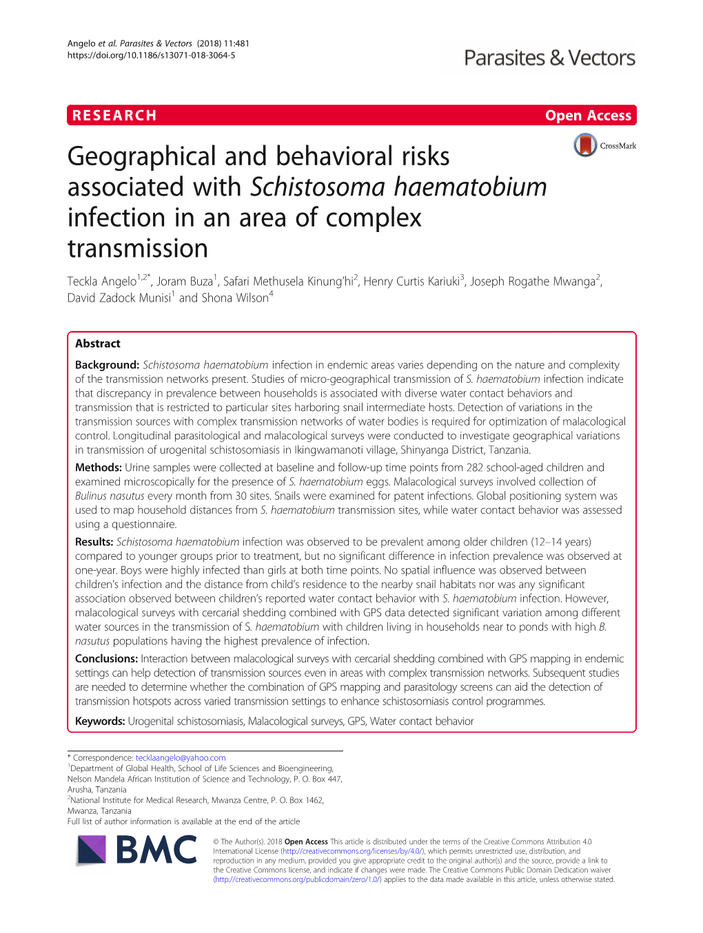 Geographical and Behavioral Risks Associated with Schistosoma Haematobium Infection in an Area of Complex Transmission