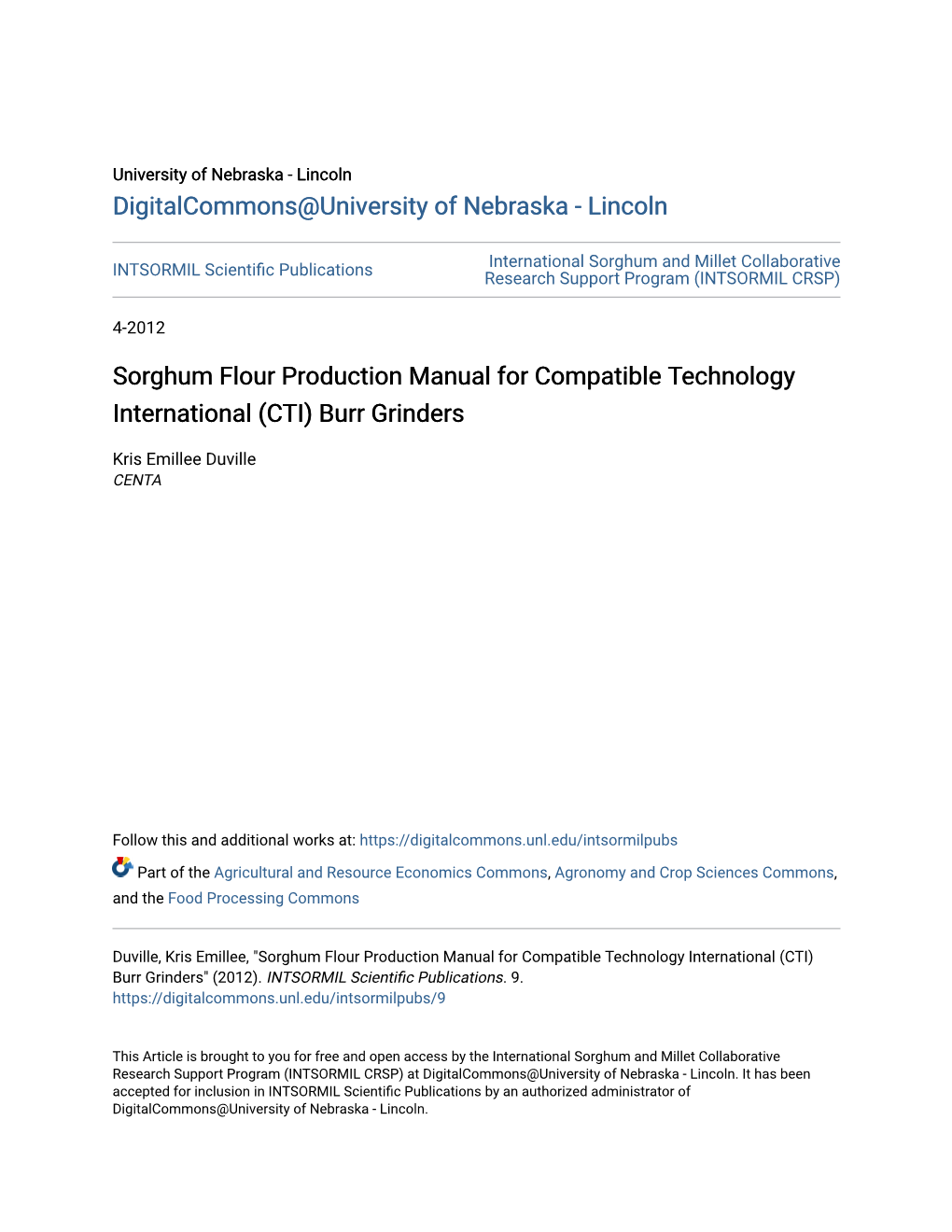 Sorghum Flour Production Manual for Compatible Technology International (CTI) Burr Grinders