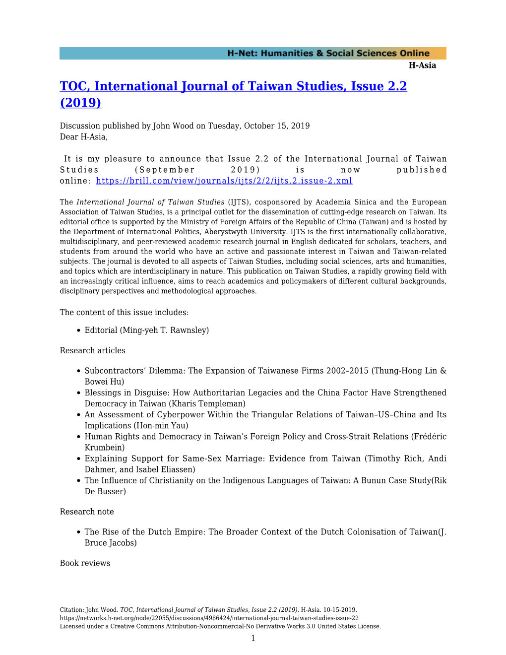 TOC, International Journal of Taiwan Studies, Issue 2.2 (2019)