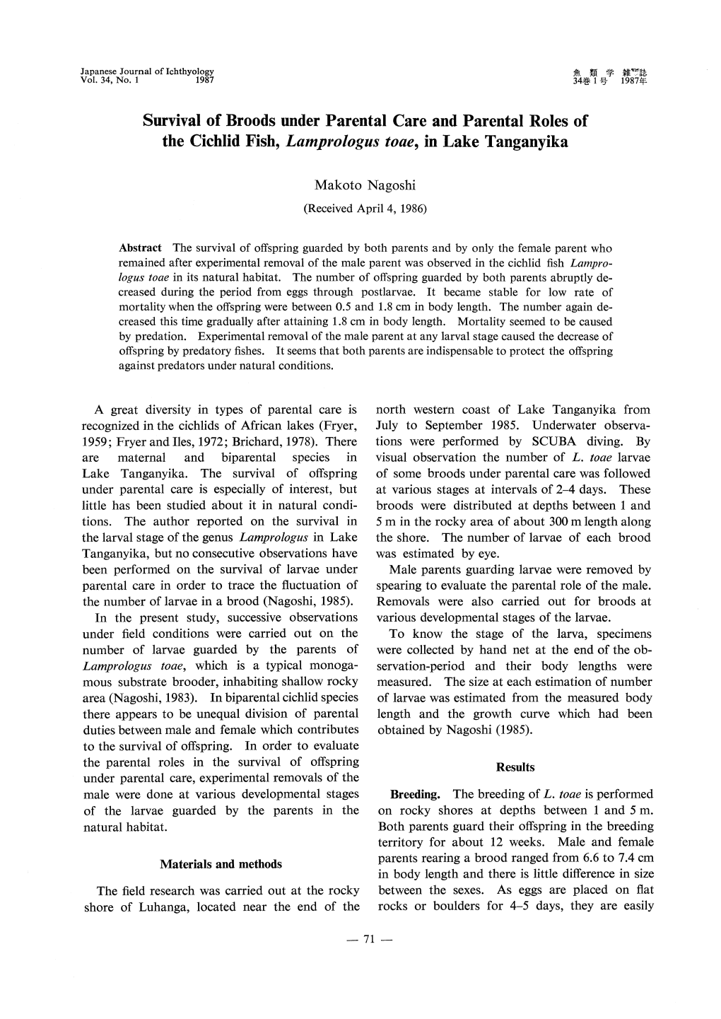 Survival of Broods Under Parental Care and Parental Roles of the Cichlid Fish, Lamprologus Toae, in Lake Tanganyika