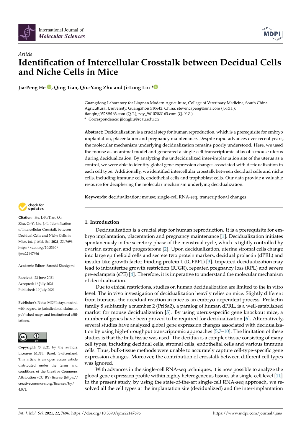 Identification of Intercellular Crosstalk Between Decidual Cells and Niche