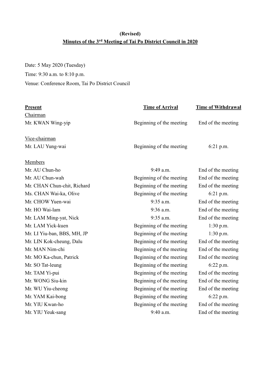 (Revised) Minutes of the 3Rd Meeting of Tai Po District Council in 2020 Date