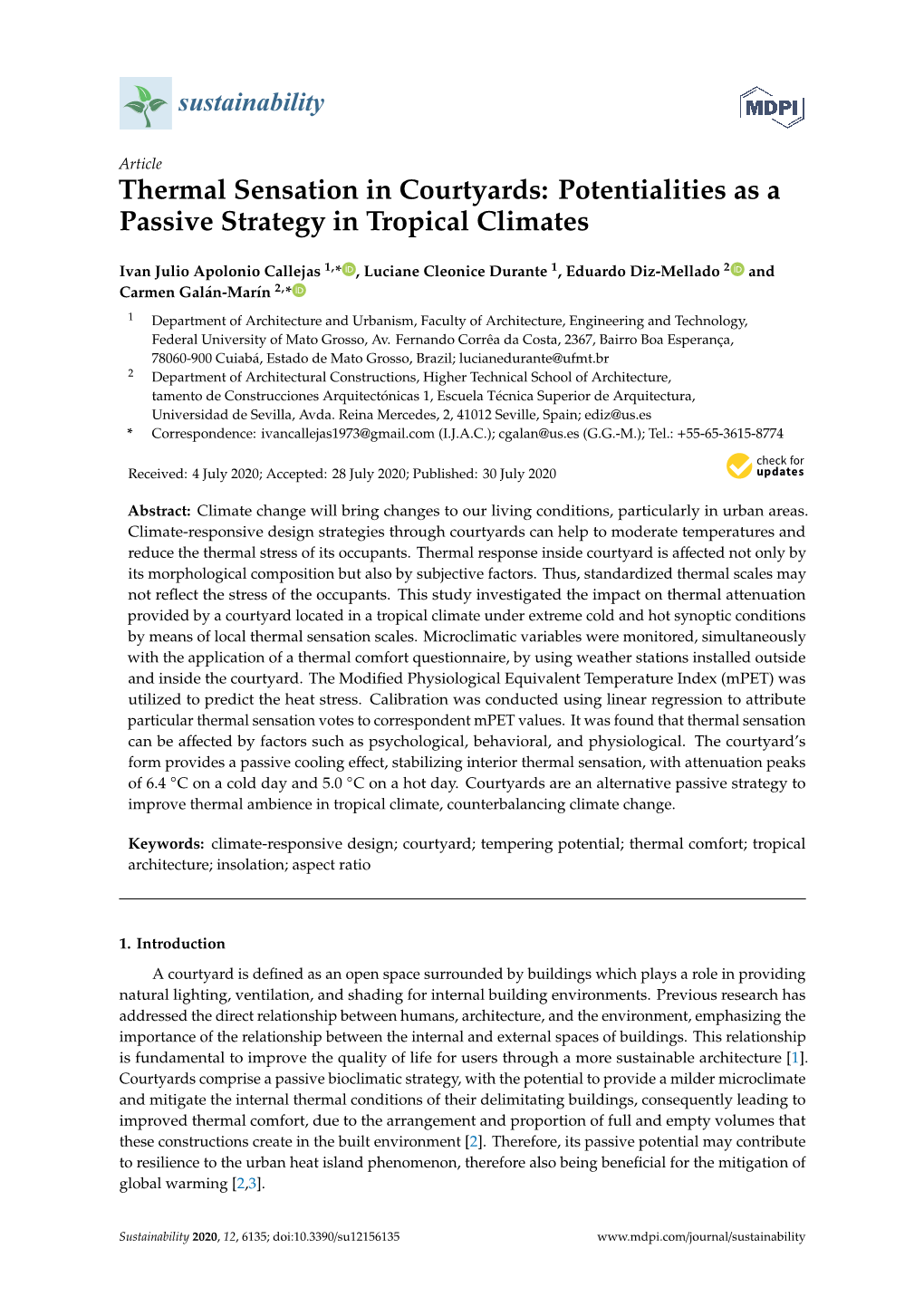 Thermal Sensation in Courtyards: Potentialities As a Passive Strategy in Tropical Climates