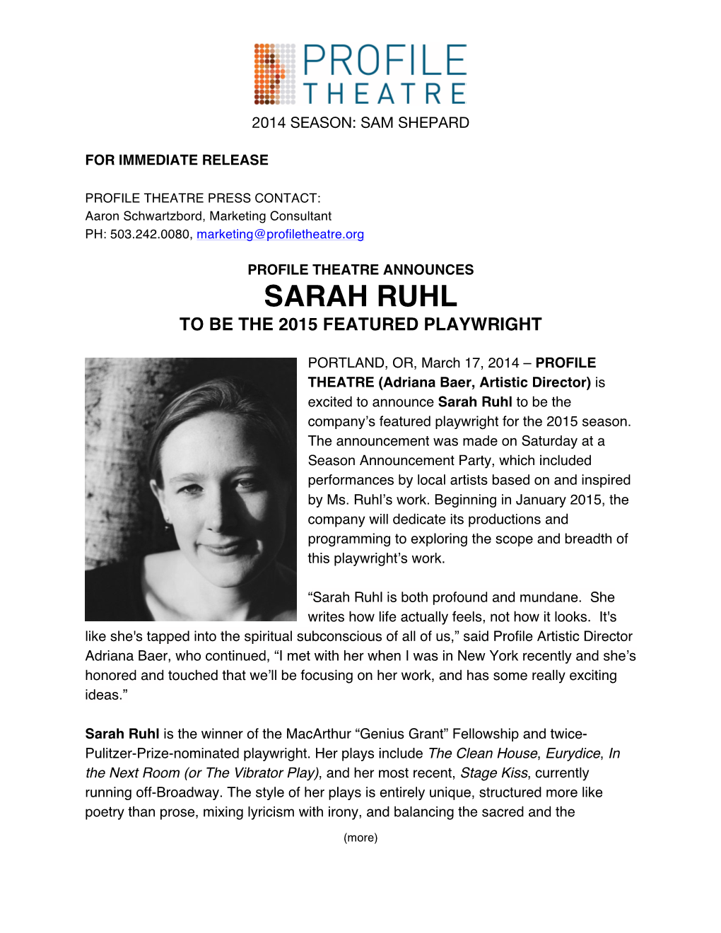 Sarah Ruhl to Be the 2015 Featured Playwright