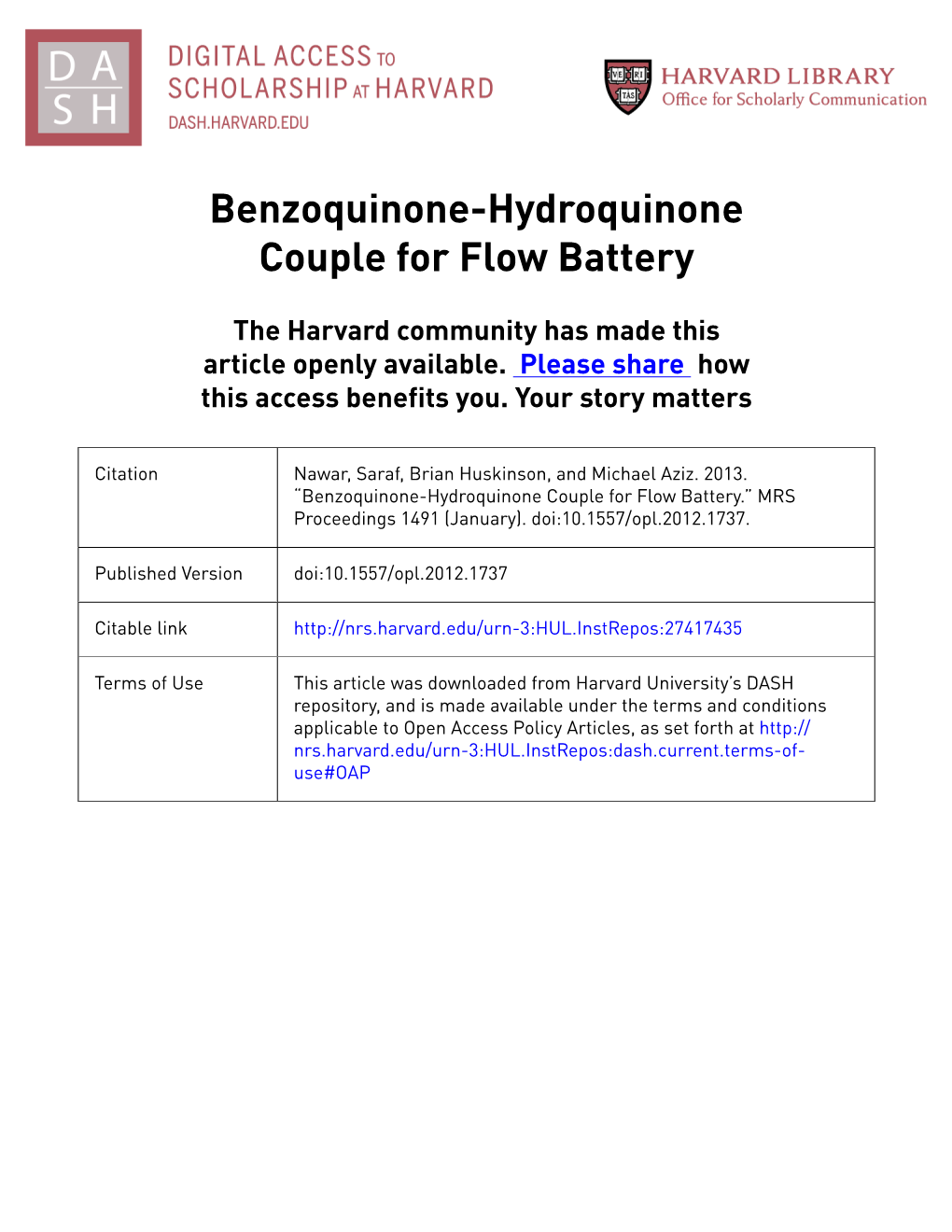 Benzoquinone-Hydroquinone Couple for Flow Battery