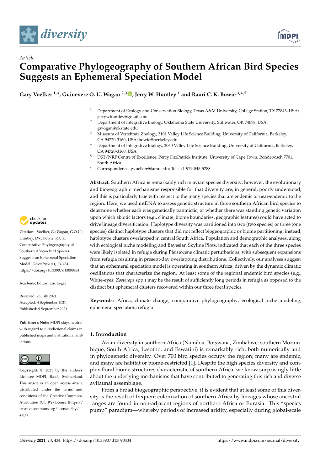 Comparative Phylogeography of Southern African Bird Species Suggests an Ephemeral Speciation Model