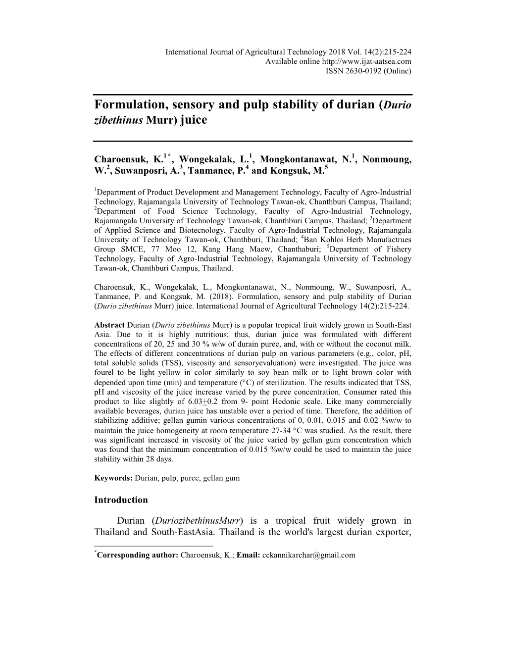 Formulation, Sensory and Pulp Stability of Durian (Durio Zibethinus Murr) Juice