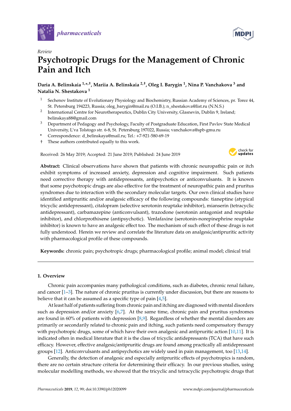 Psychotropic Drugs for the Management of Chronic Pain and Itch