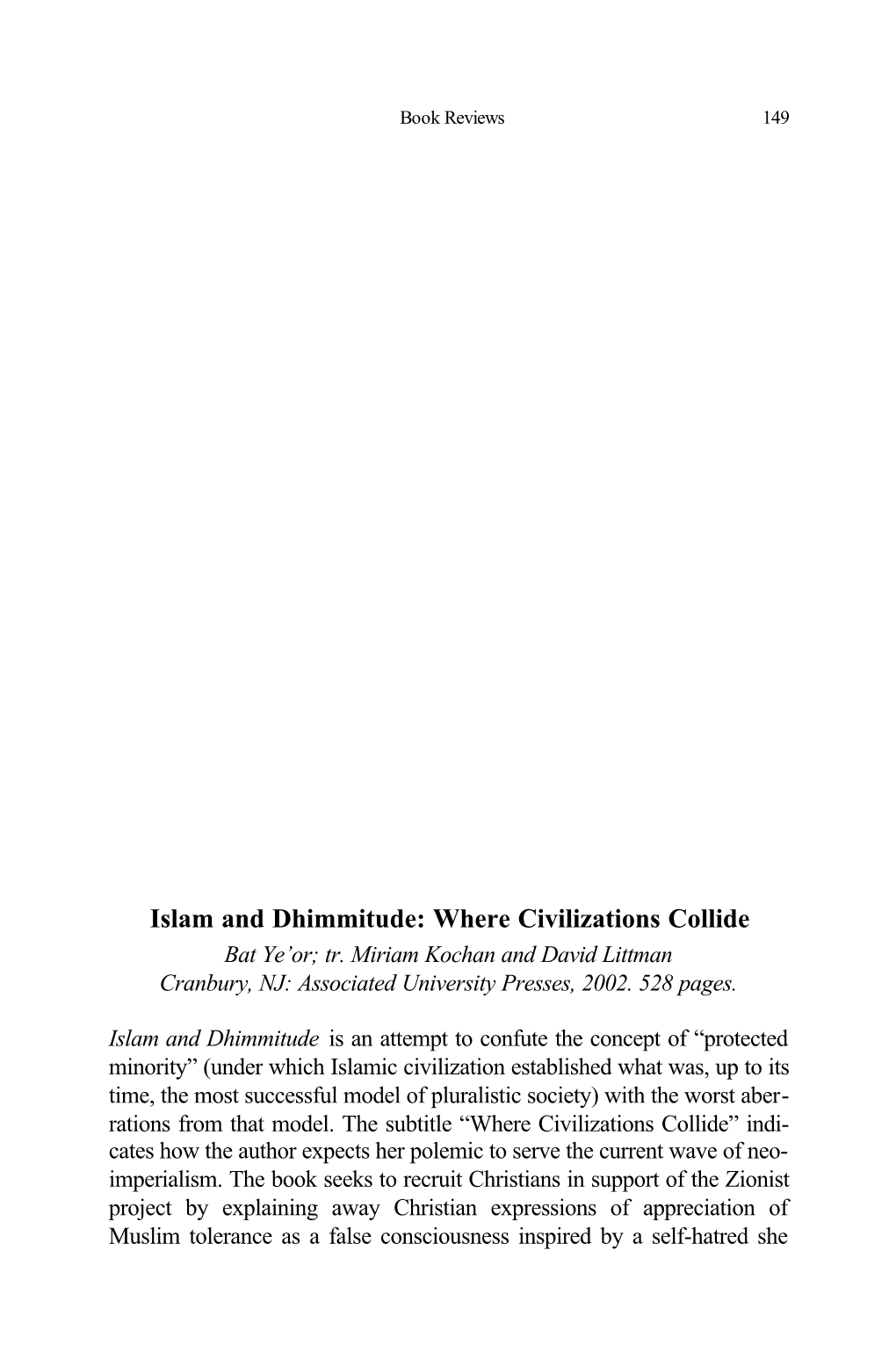 Islam and Dhimmitude: Where Civilizations Collide Bat Ye’Or; Tr
