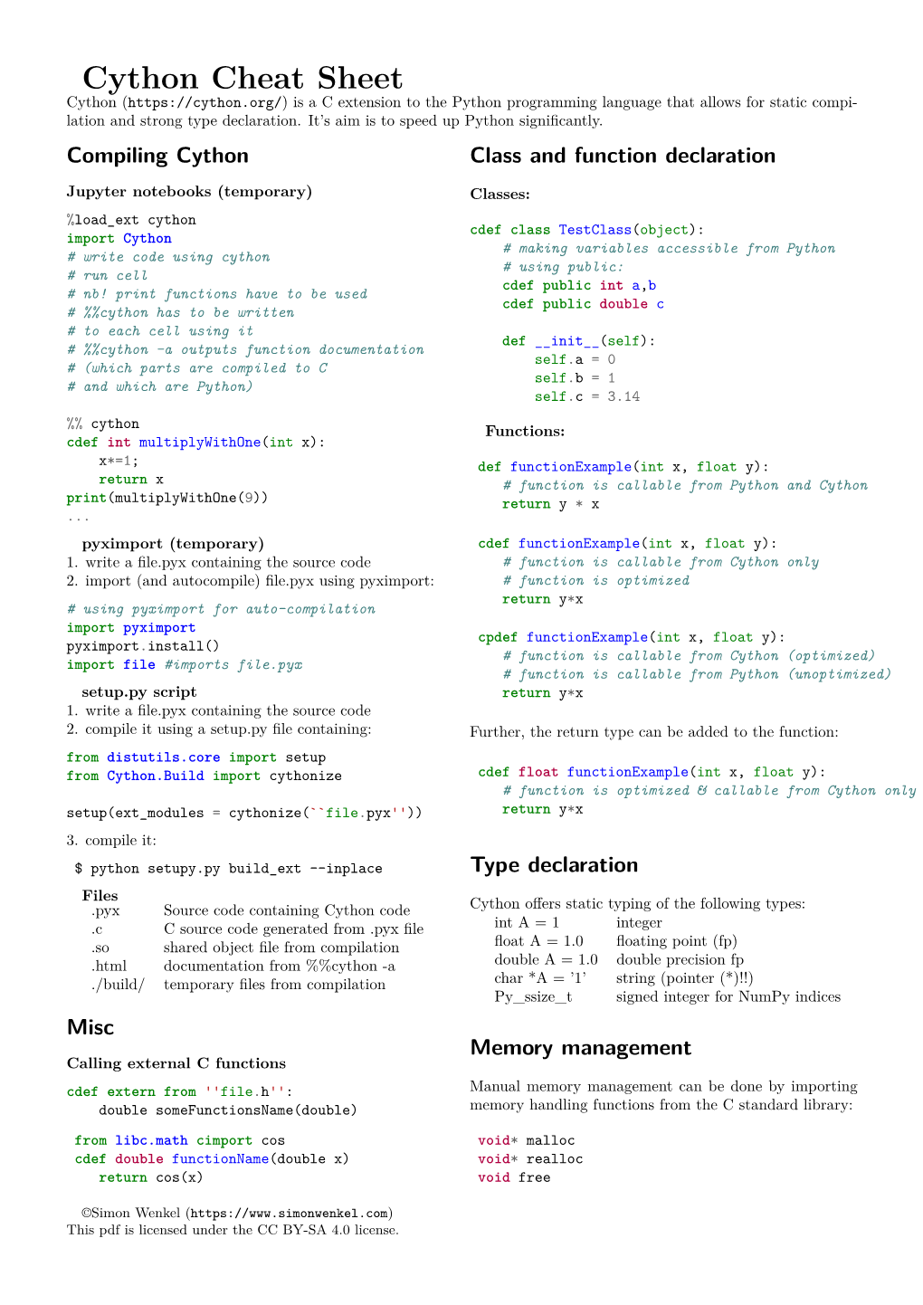 Cython Cheat Sheet Cython ( Is a C Extension to the Python Programming Language That Allows for Static Compi- Lation and Strong Type Declaration