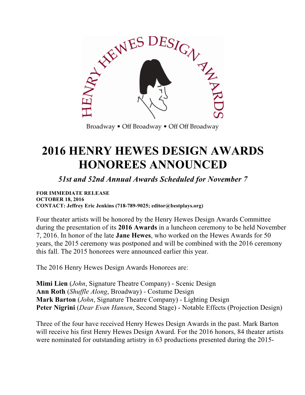 2016 Henry Hewes Design Awards Honorees Announced