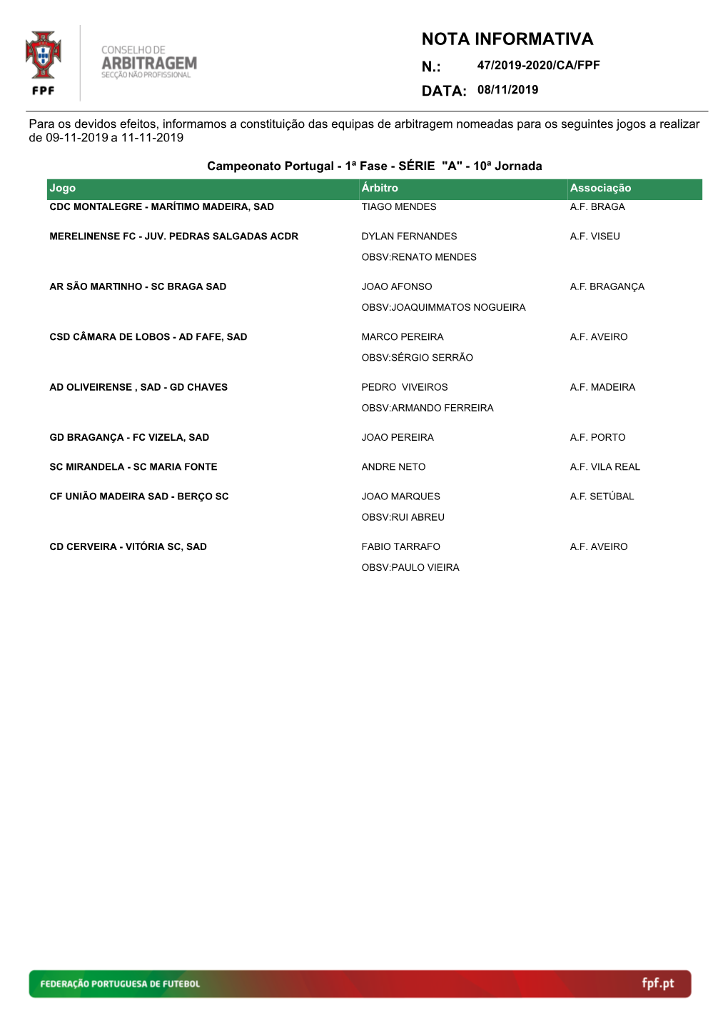 Nota Informativa N.: 47/2019-2020/Ca/Fpf Data: 08/11/2019