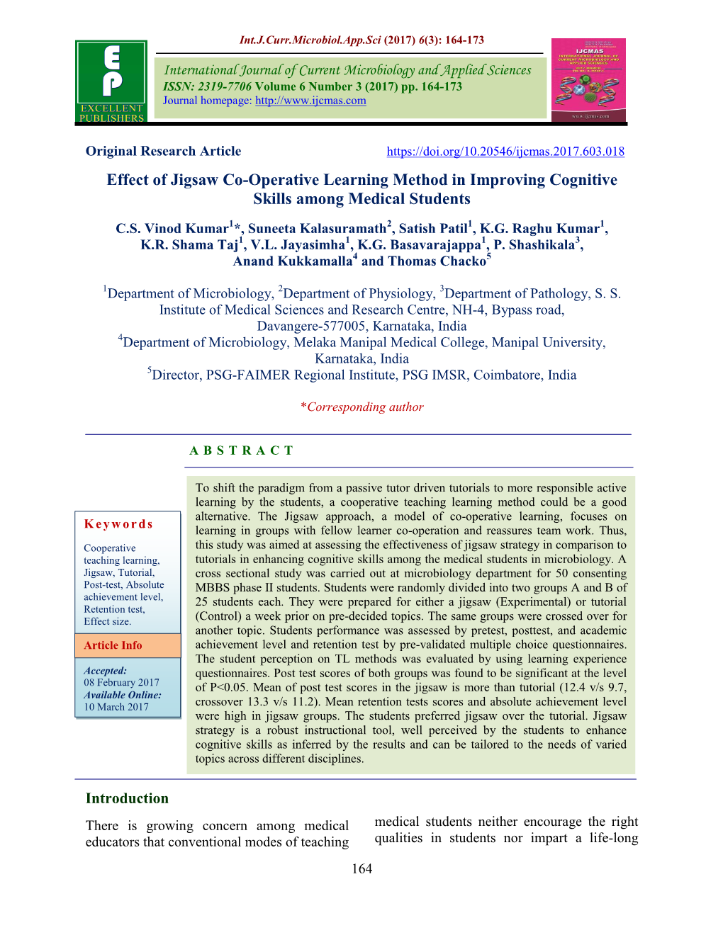 Effect of Jigsaw Co-Operative Learning Method in Improving Cognitive Skills Among Medical Students