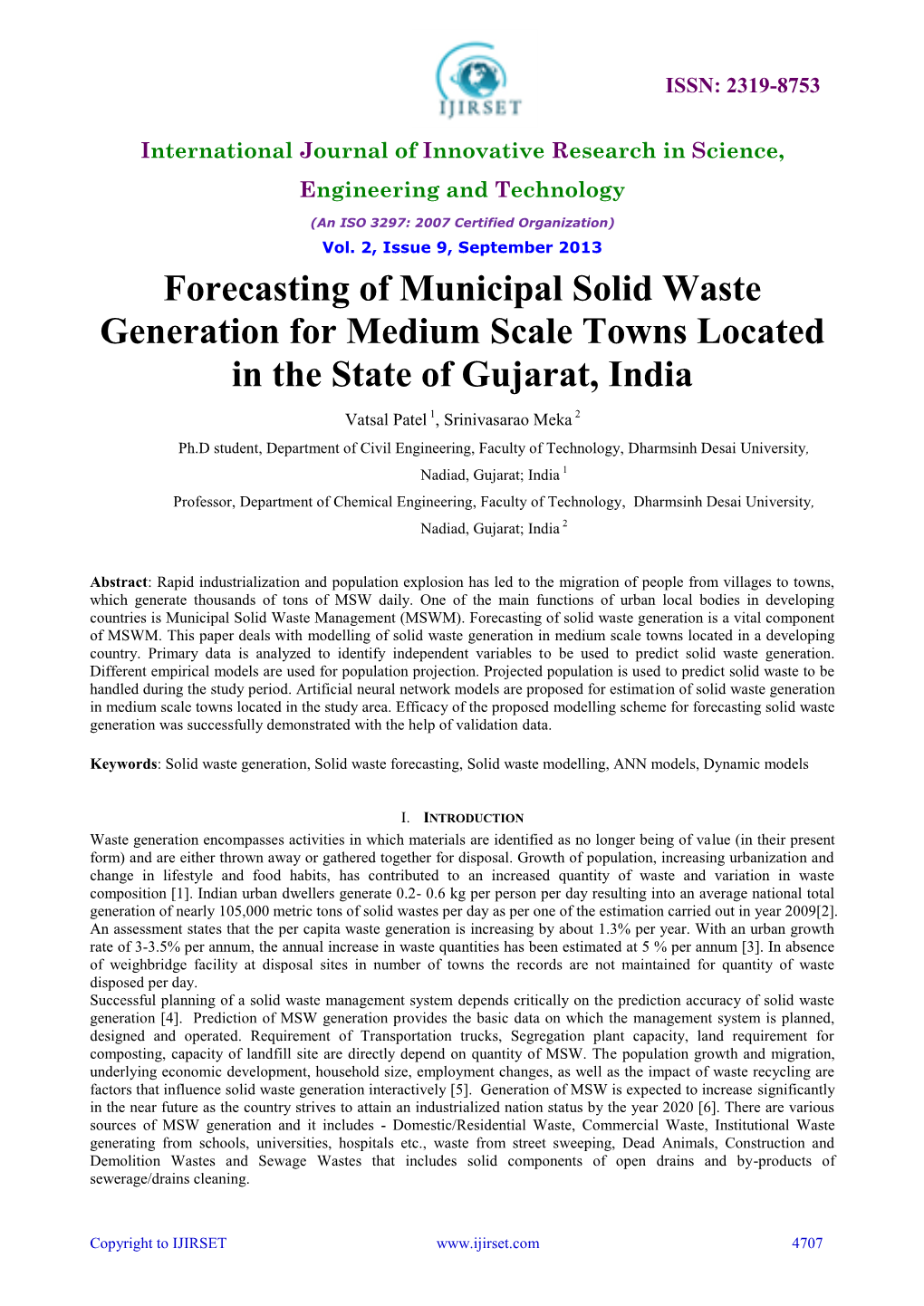 Forecasting of Municipal Solid Waste Generation for Medium Scale Towns Located in the State of Gujarat, India