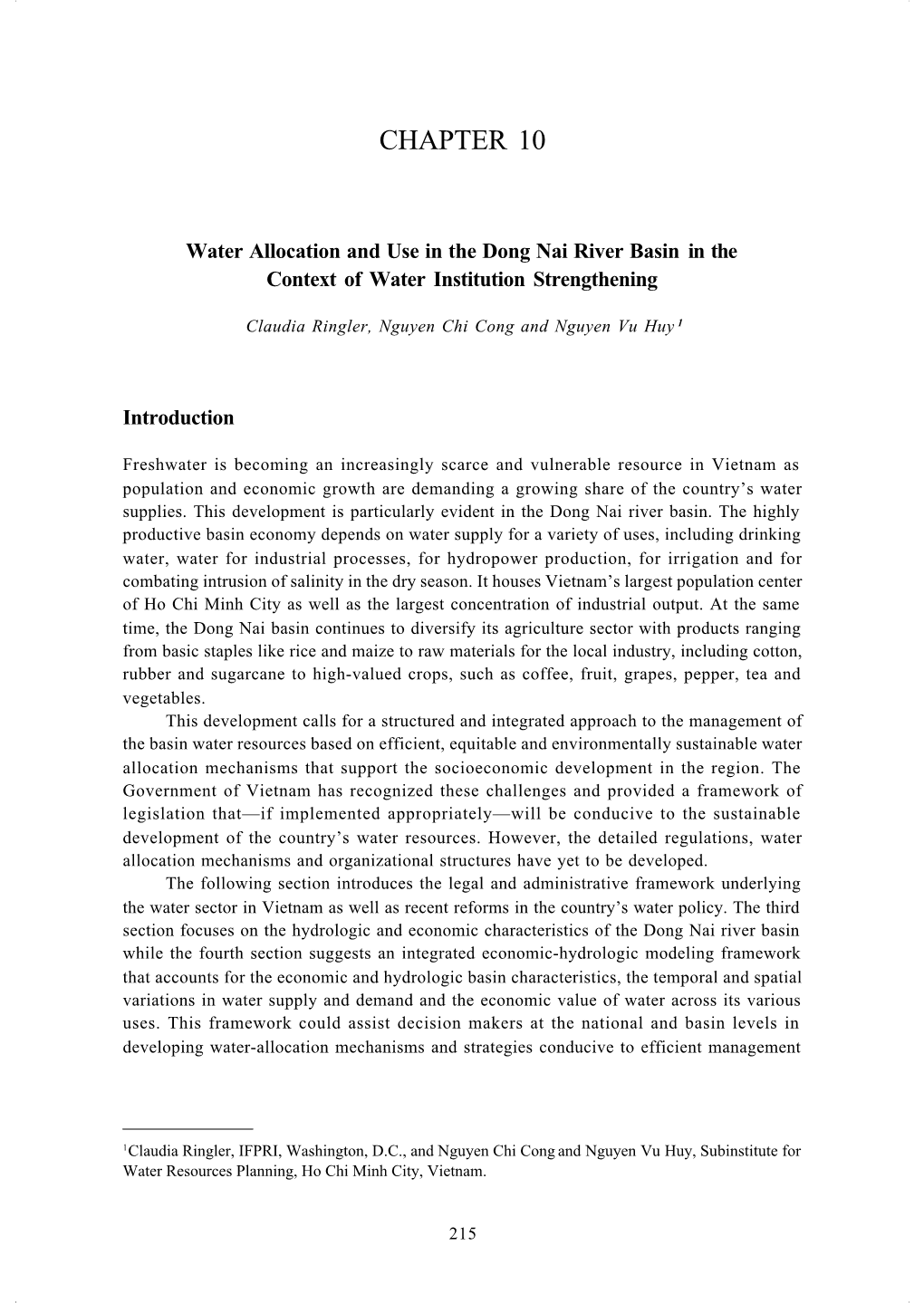 Water Allocation and Use in the Dong Nai River Basin in the Context of Water Institution Strengthening