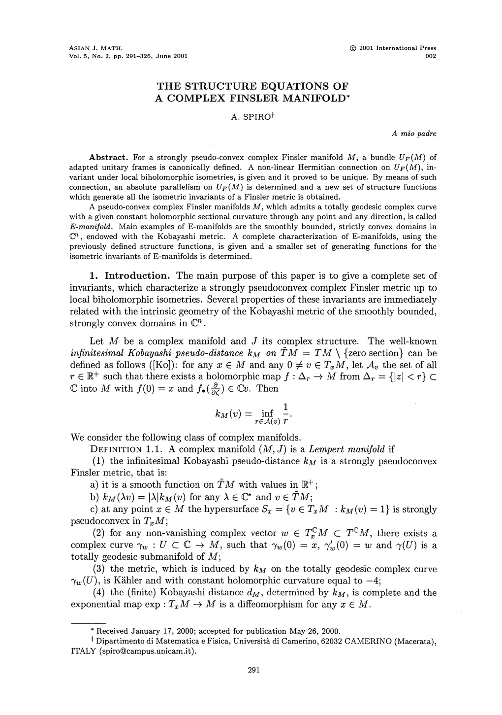 The Structure Equations of a Complex Finsler Manifold* 1
