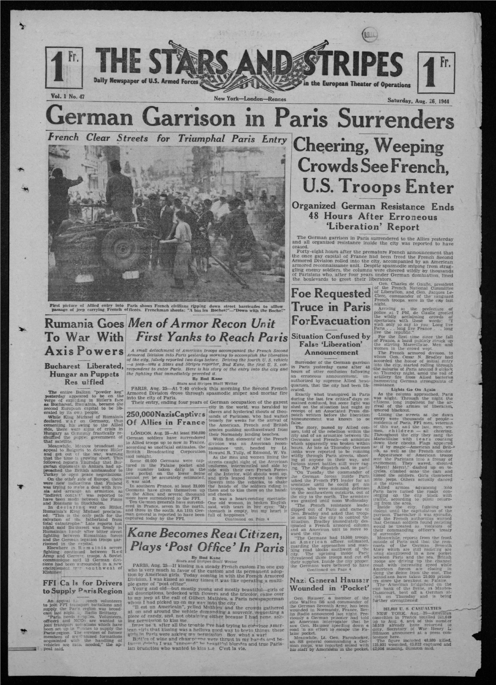 Man Garrison in Paris Surrenders French Clear Streets for Triumphal Paris Entry Cheering, Weeping Crowds See French, U.S
