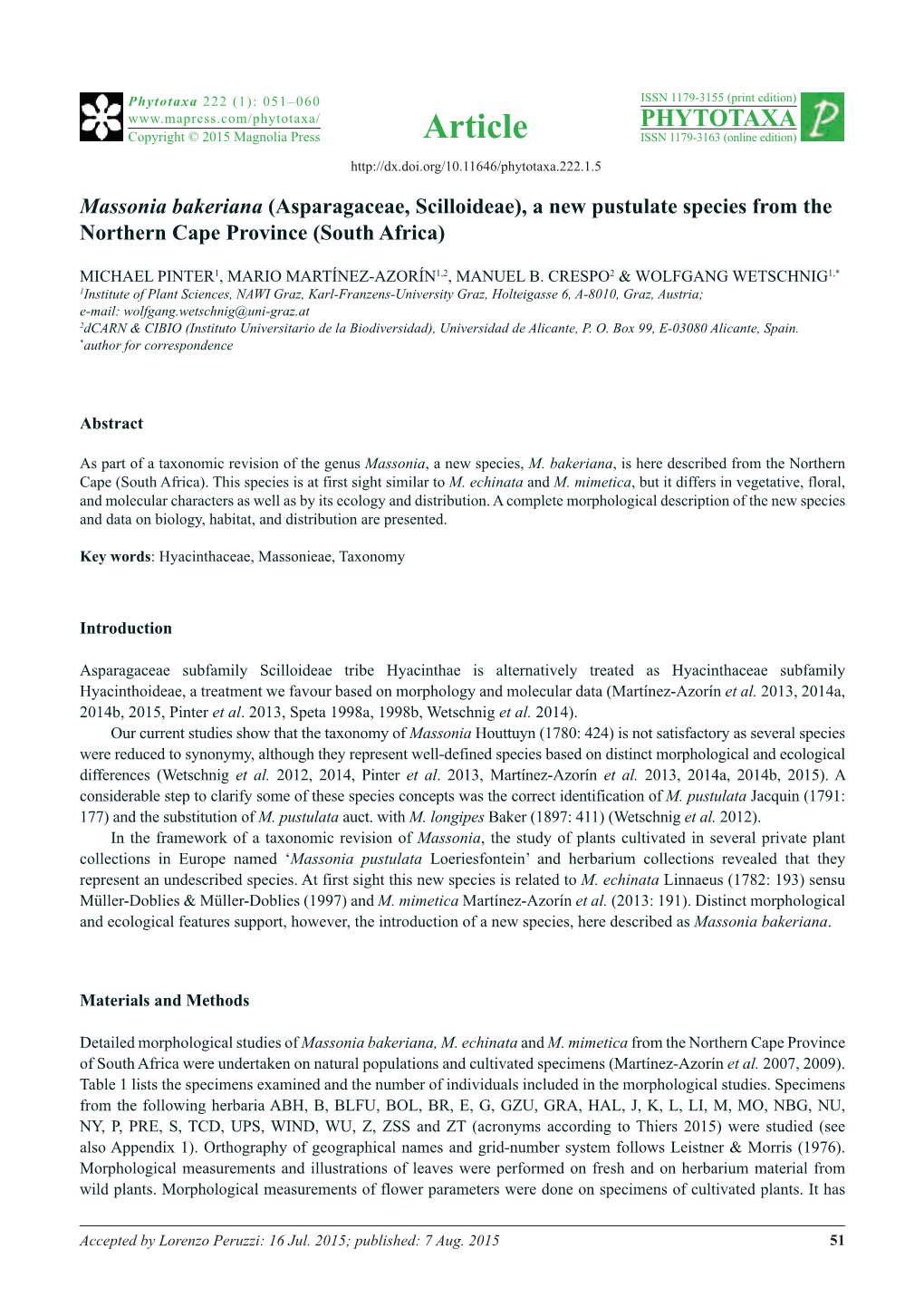 Massonia Bakeriana (Asparagaceae, Scilloideae), a New Pustulate Species from the Northern Cape Province (South Africa)