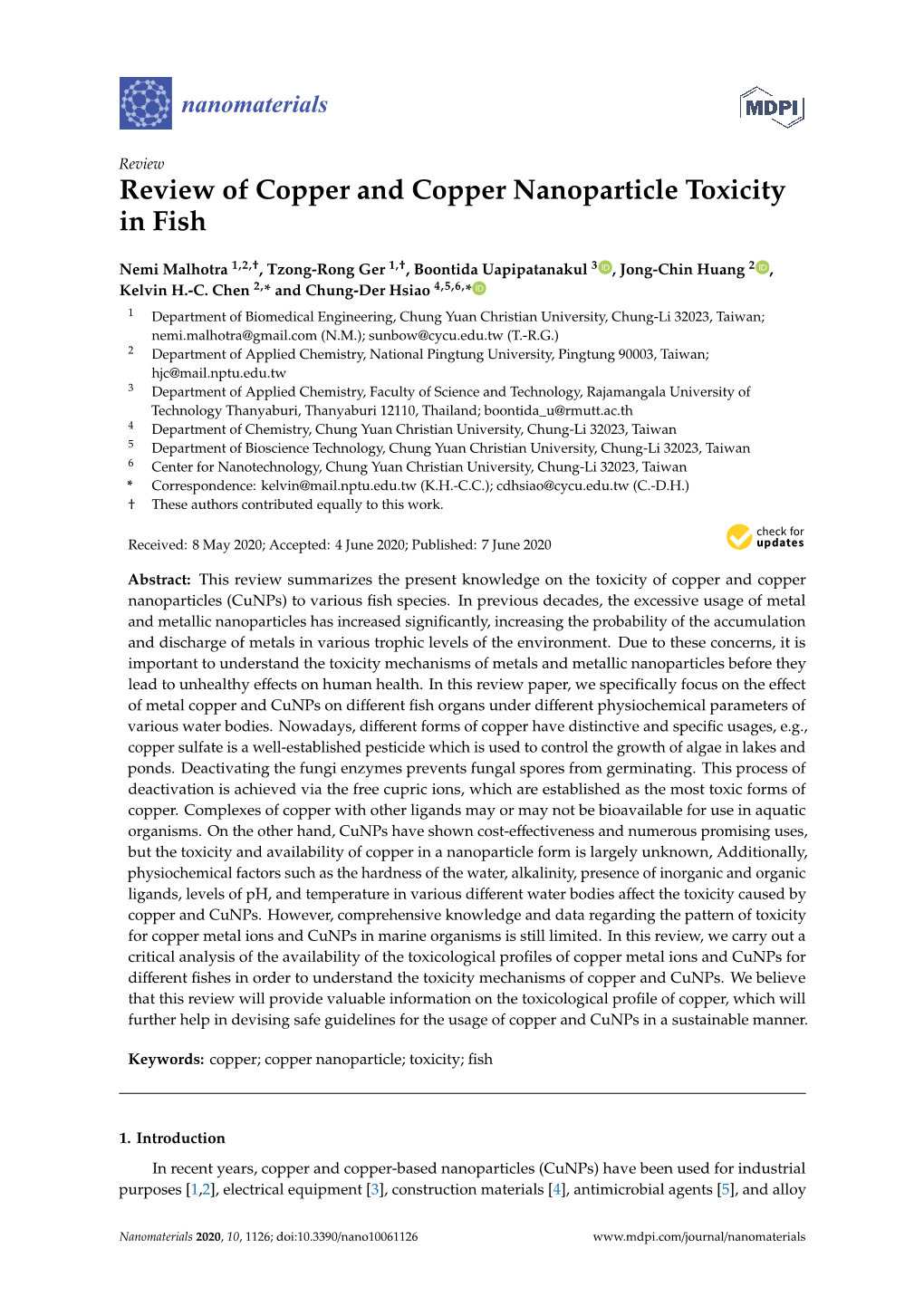 Review of Copper and Copper Nanoparticle Toxicity in Fish