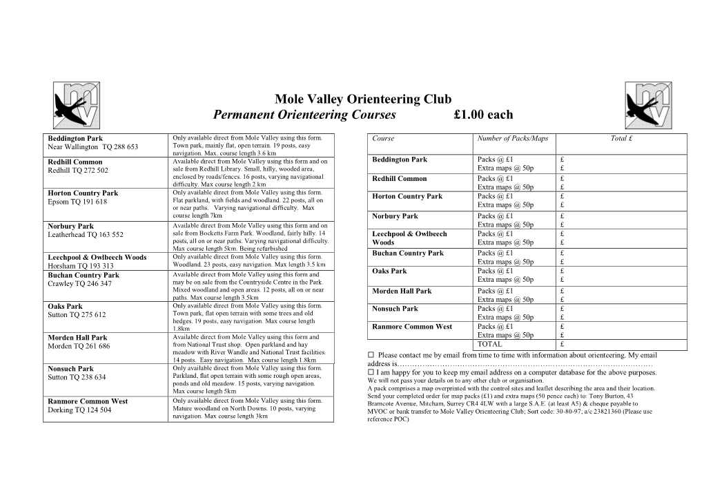 Mole Valley Orienteering Club Permanent Orienteering Courses £1.00 Each