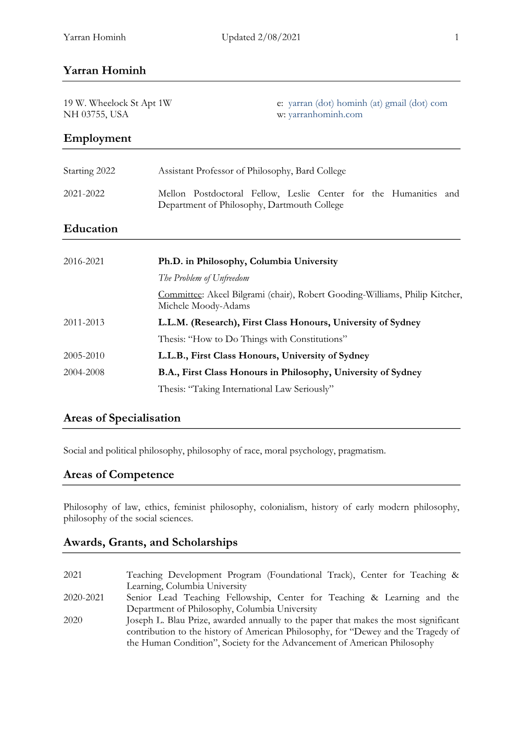 Yarran Hominh Employment Education Areas of Specialisation