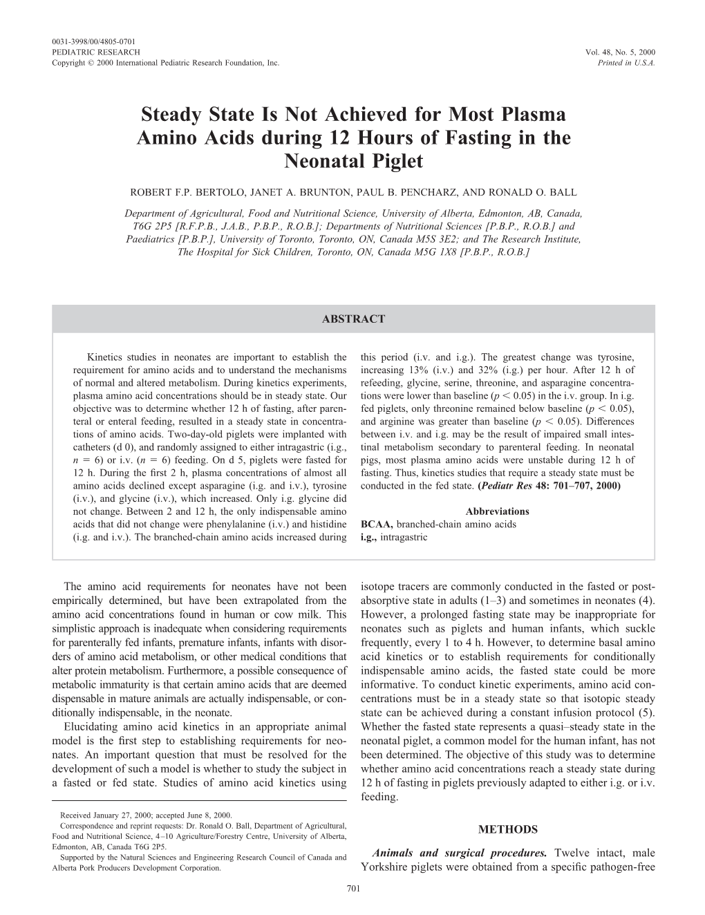 Steady State Is Not Achieved for Most Plasma Amino Acids During 12 Hours of Fasting in the Neonatal Piglet