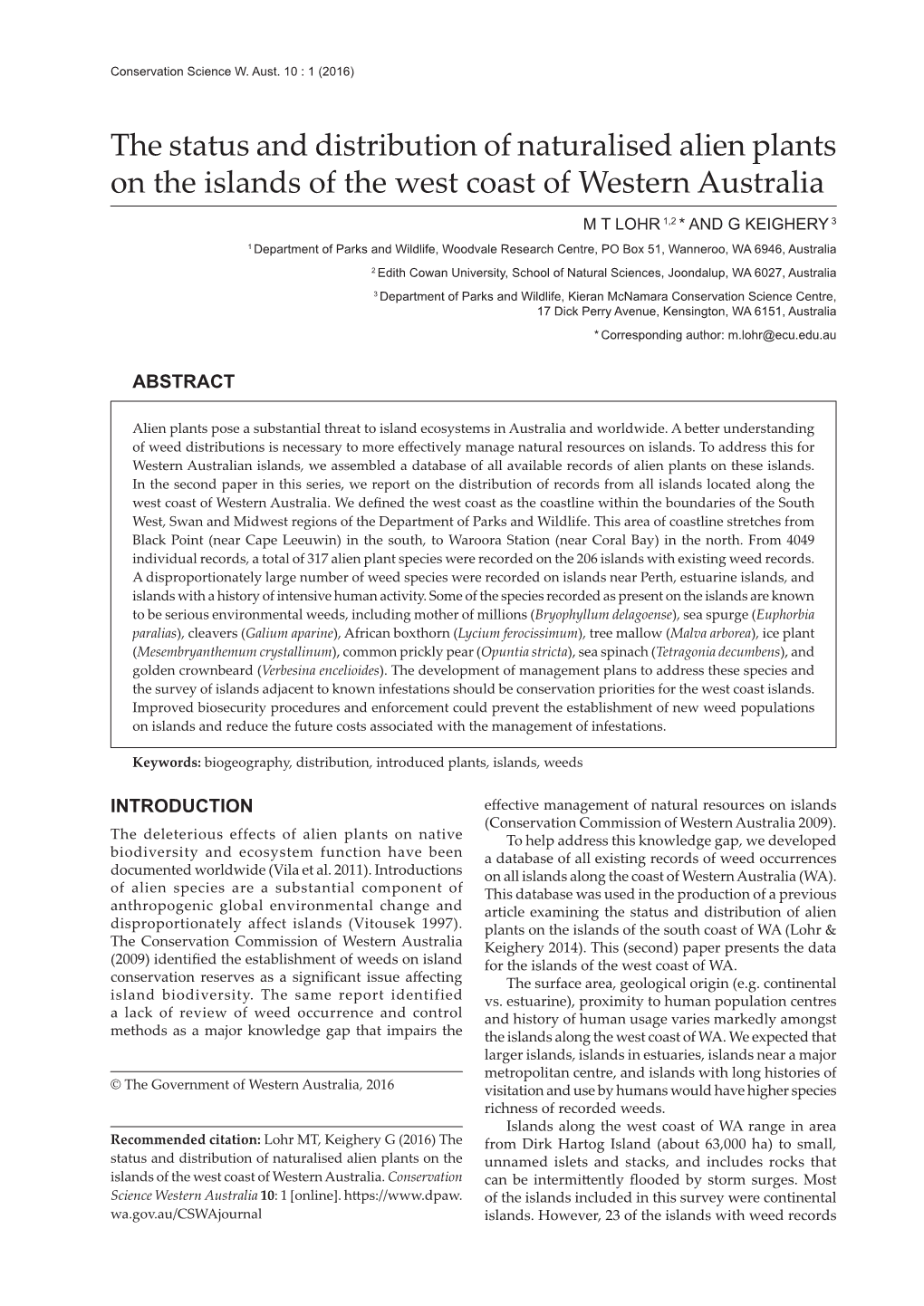 The Status and Distribution of Naturalised Alien Plants on the Islands of the West Coast of Western Australia