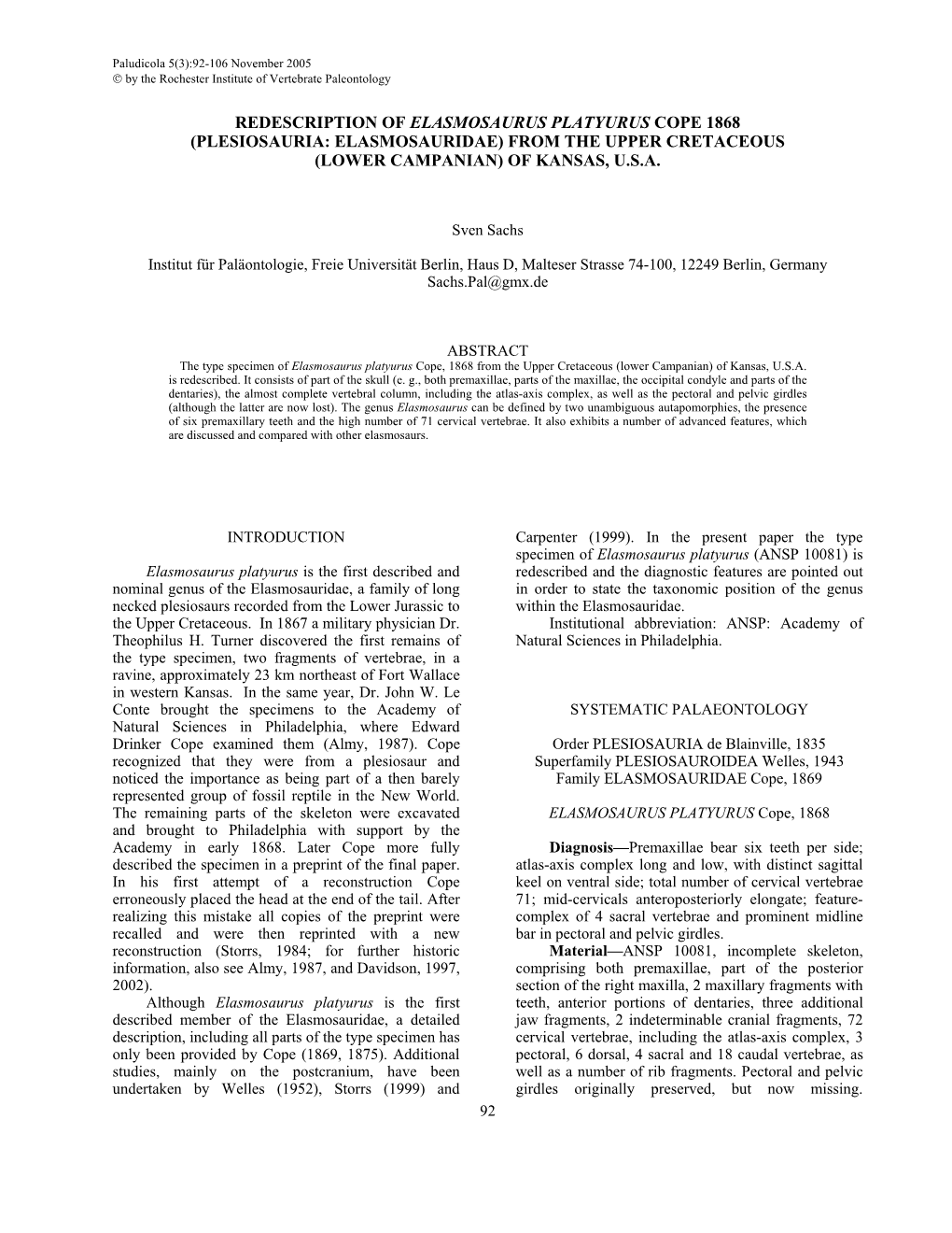 Redescription of Elasmosaurus Platyurus Cope 1868 (Plesiosauria: Elasmosauridae) from the Upper Cretaceous (Lower Campanian) of Kansas, U.S.A