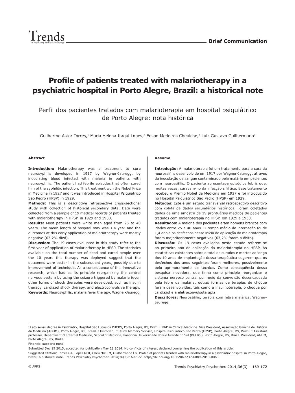 Profile of Patients Treated with Malariotherapy in a Psychiatric Hospital in Porto Alegre, Brazil: a Historical Note