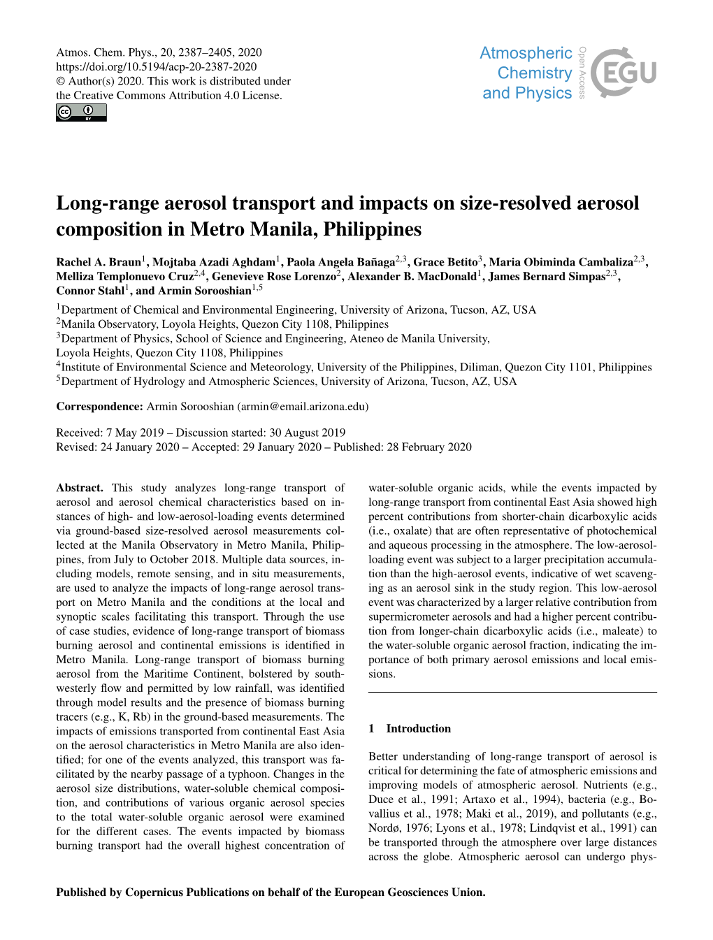 Long-Range Aerosol Transport and Impacts on Size-Resolved Aerosol Composition in Metro Manila, Philippines