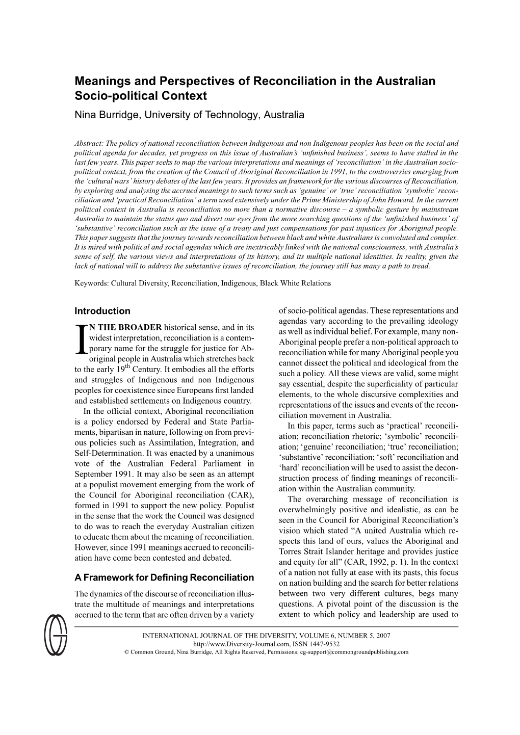 Meanings and Perspectives of Reconciliation in the Australian Socio-Political Context Nina Burridge, University of Technology, Australia