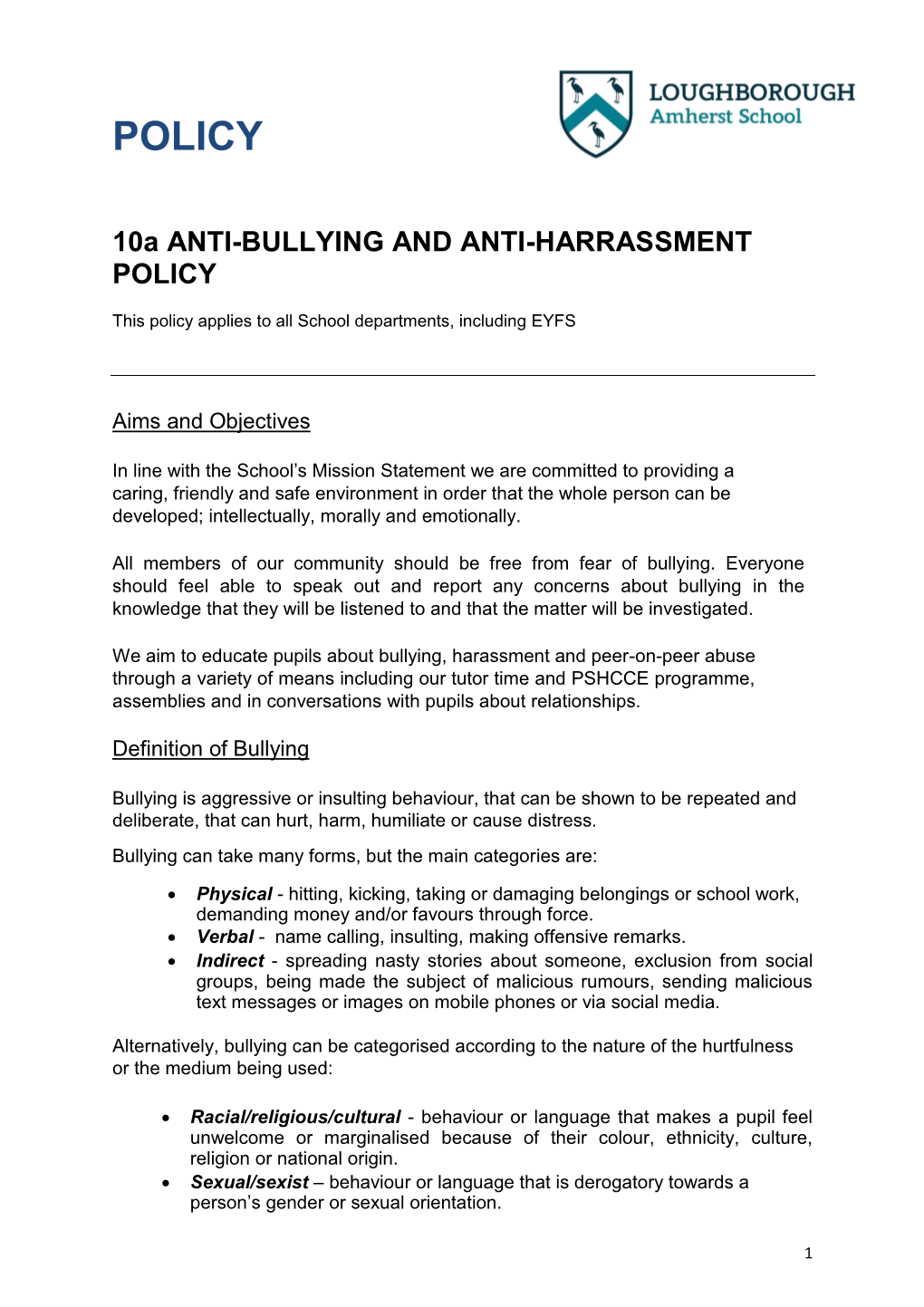 Anti-Bullying and Anti-Harrassment Policy