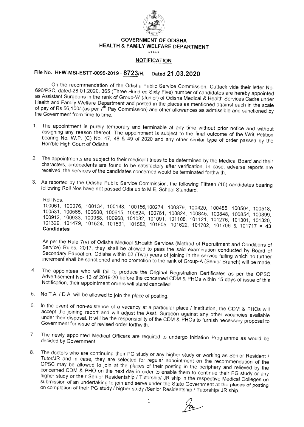 Appointment Order of 365 Medical Officers