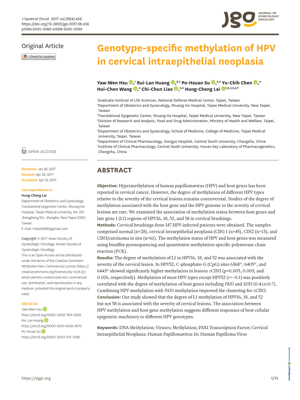 Genotype-Specific Methylation of HPV in Cervical Intraepithelial Neoplasia