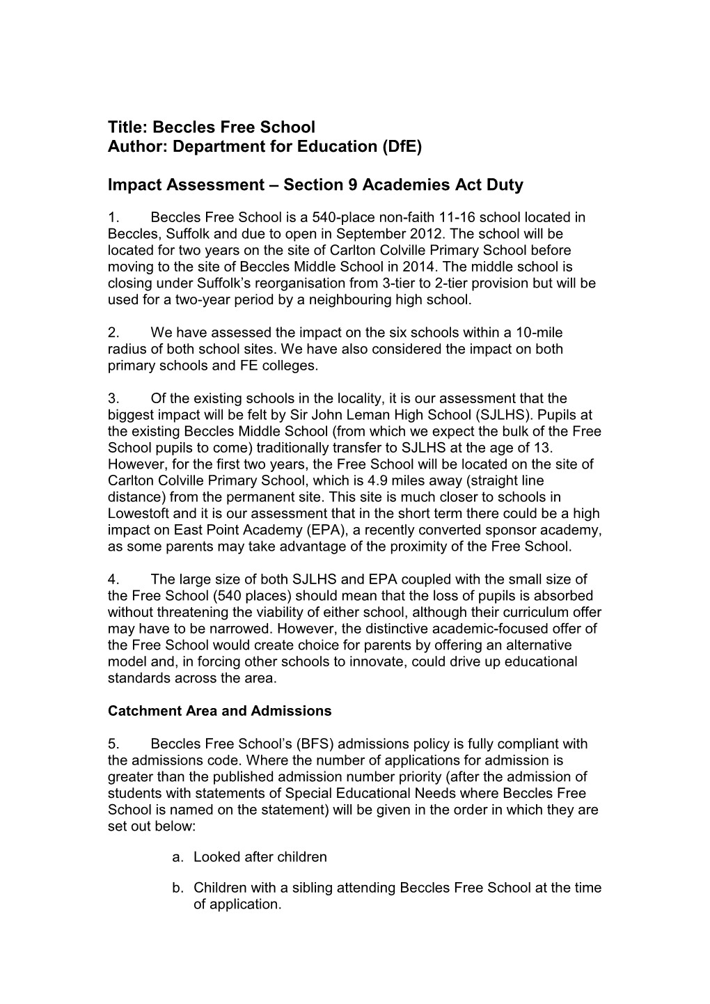 Beccles Free School: Impact Assessment