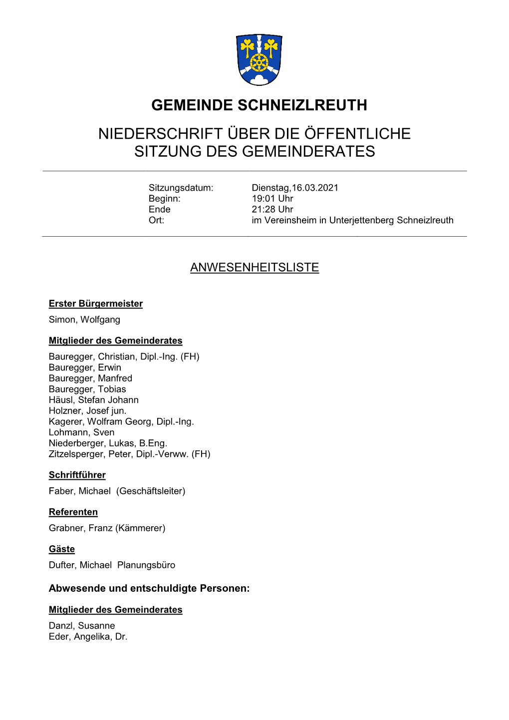 Gemeinde Schneizlreuth Niederschrift Über Die Öffentliche Sitzung Des Gemeinderates