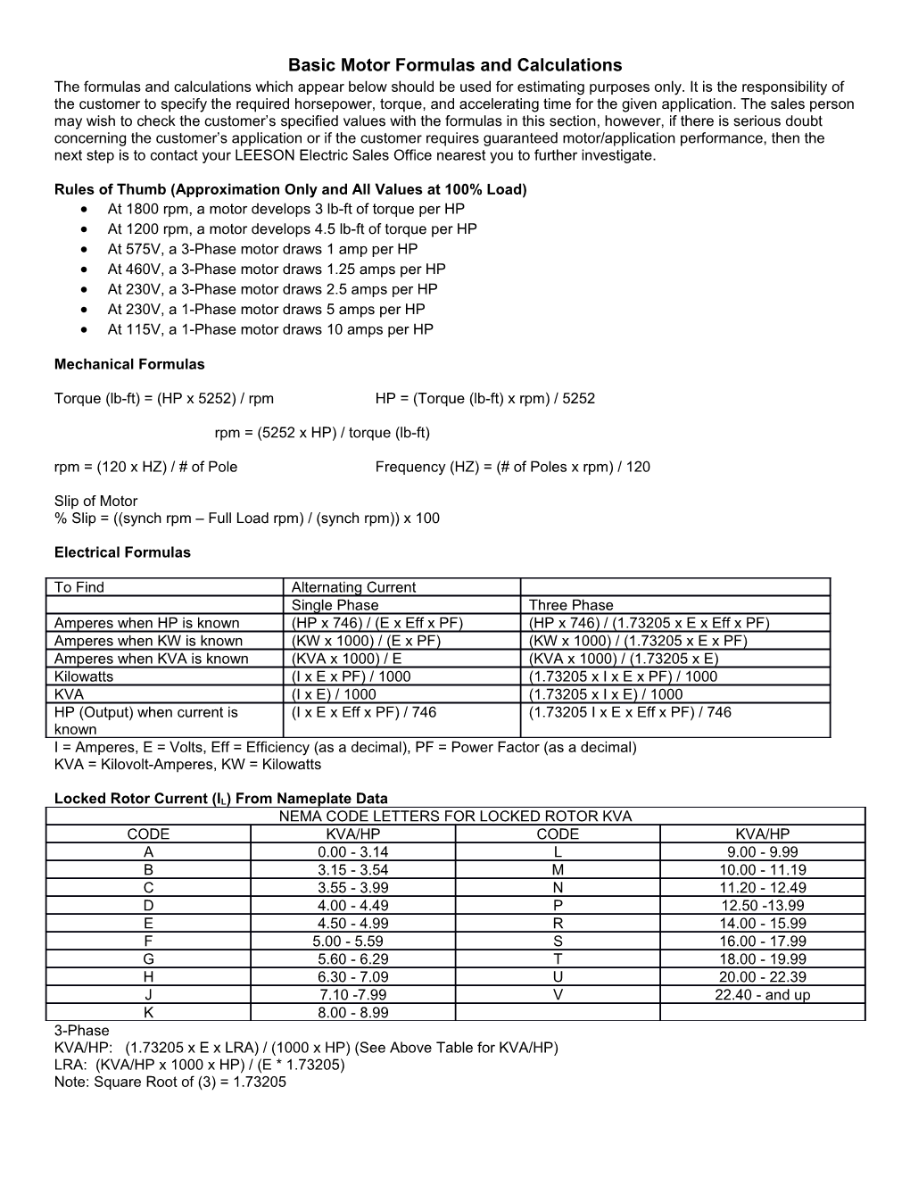 Basic Motor Formulas and Calculations